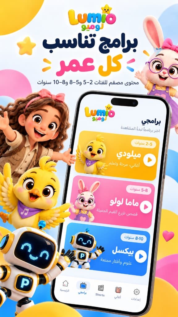 برامج تناسب كل عمر: محتوى للفئات من ٢ إلى ٥، ومن ٥ إلى ٨، ومن ٨ إلى ١٠ سنوات